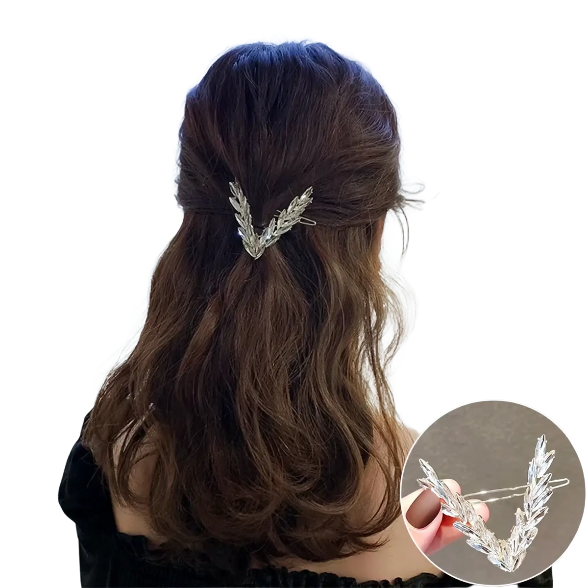 Silver metallic v-shaped hair clip with intricate leaf detailing from the crystal v shape hair clip set
