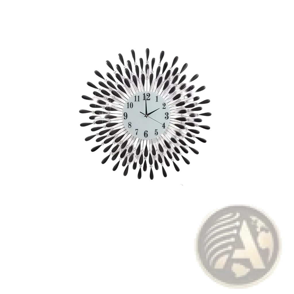 Crystal wall clock 38cm with black sunburst design and silver-toned face and numerals for home decor