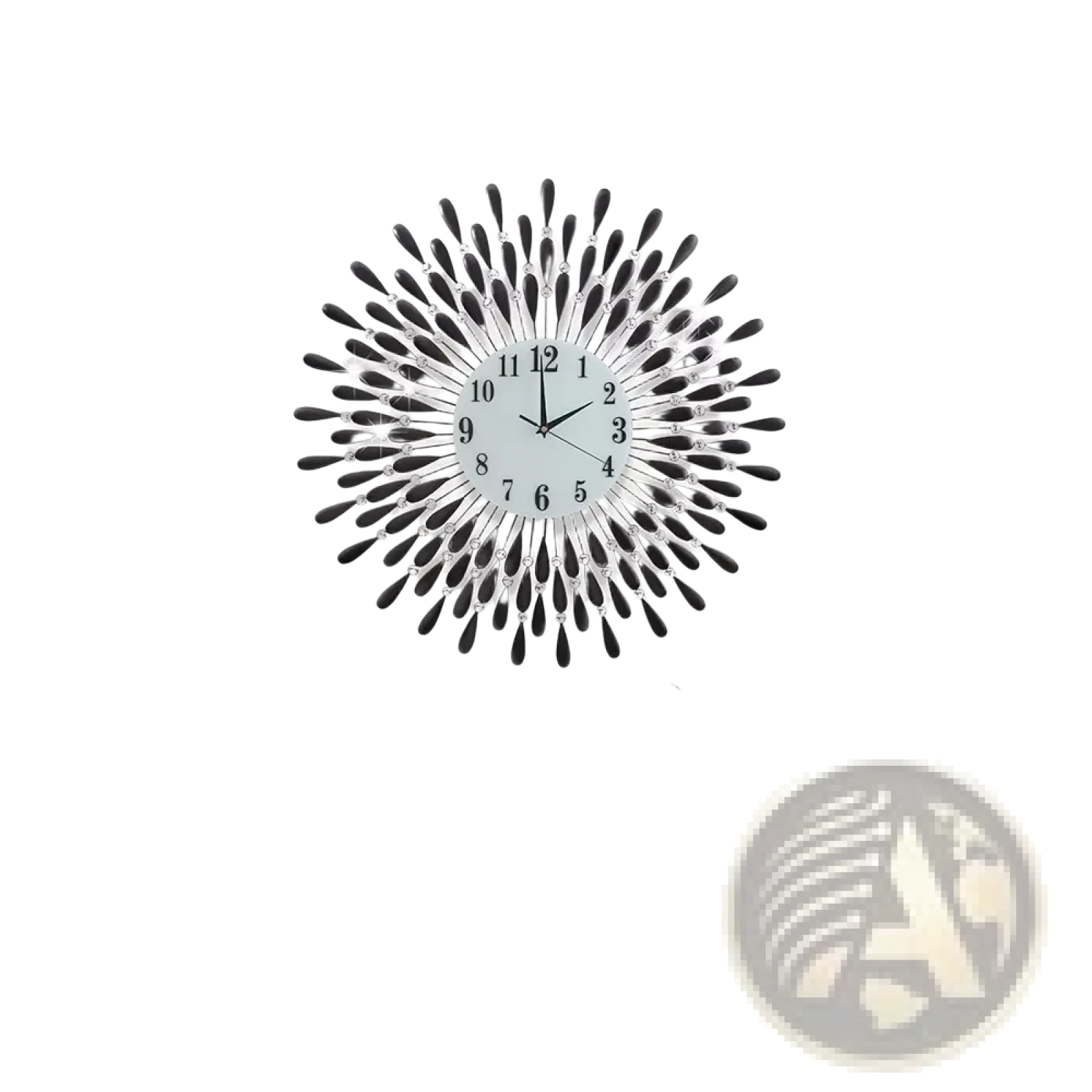 Crystal wall clock 38cm with black sunburst design and silver-toned face and numerals for home decor
