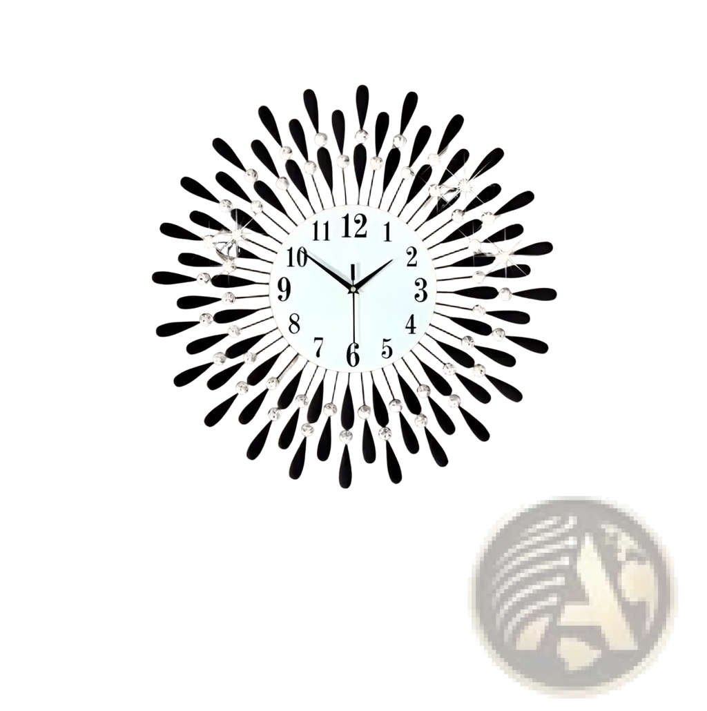 Black and silver crystal wall clock 38cm sunburst design with crystal accents for elegant home decor