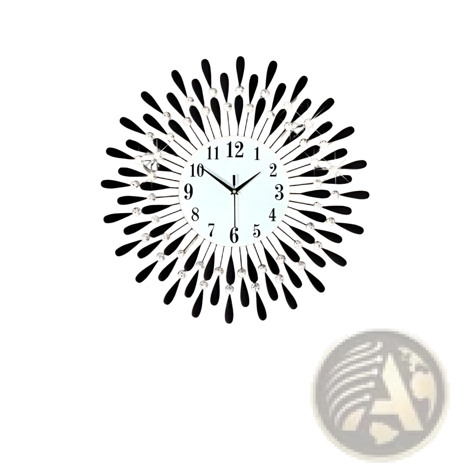 Black and silver crystal wall clock 38cm sunburst design with crystal accents for elegant home decor