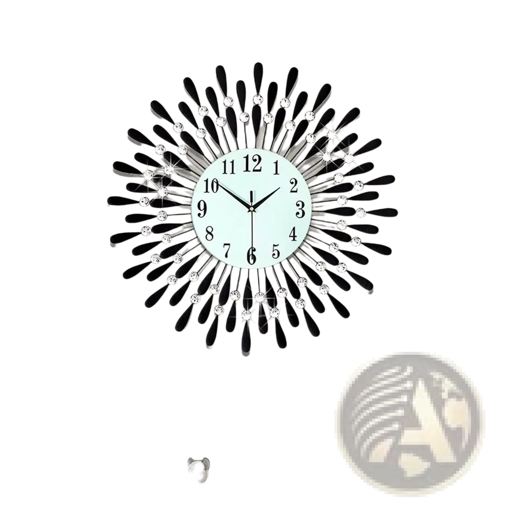 Black and silver sunburst wall clock with crystal accents 38cm for elegant home decor