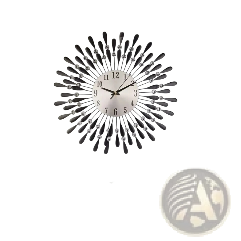 Black and silver sunburst crystal wall clock 38cm with crystal accents for elegant home decor