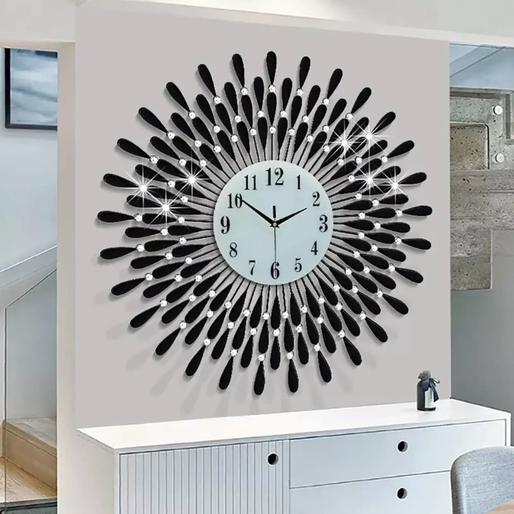 Crystal wall clock 38cm silver sunburst design with black and silver accents and crystal details for home decor