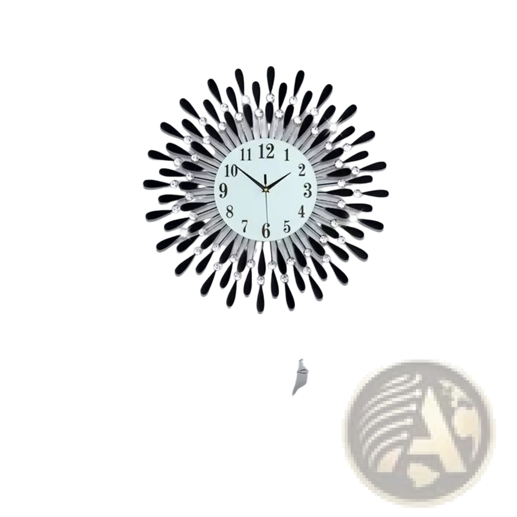 Black sunburst crystal wall clock with white face and silver accents for elegant home decor 38cm diameter