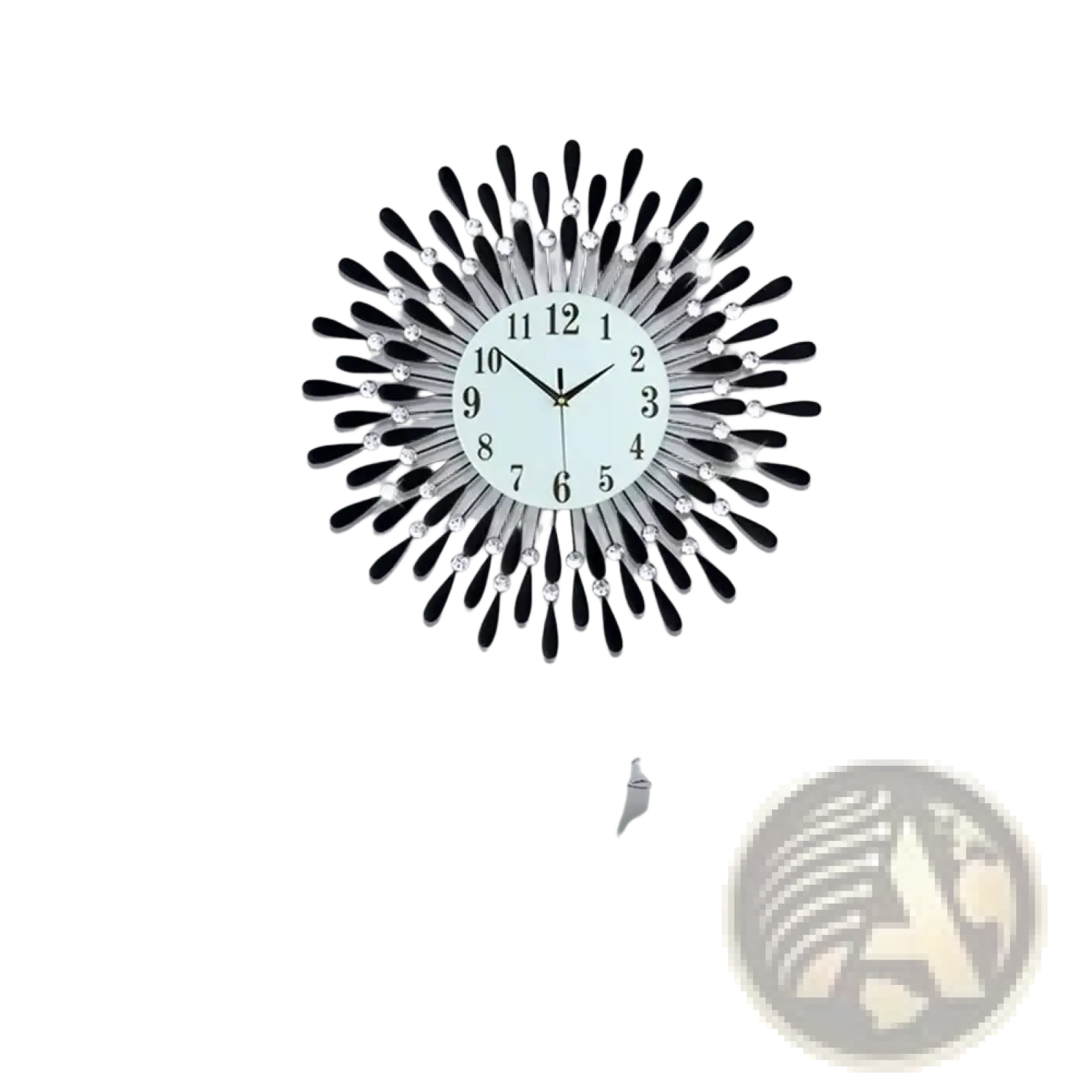 Black sunburst crystal wall clock with white face and silver accents for elegant home decor 38cm diameter