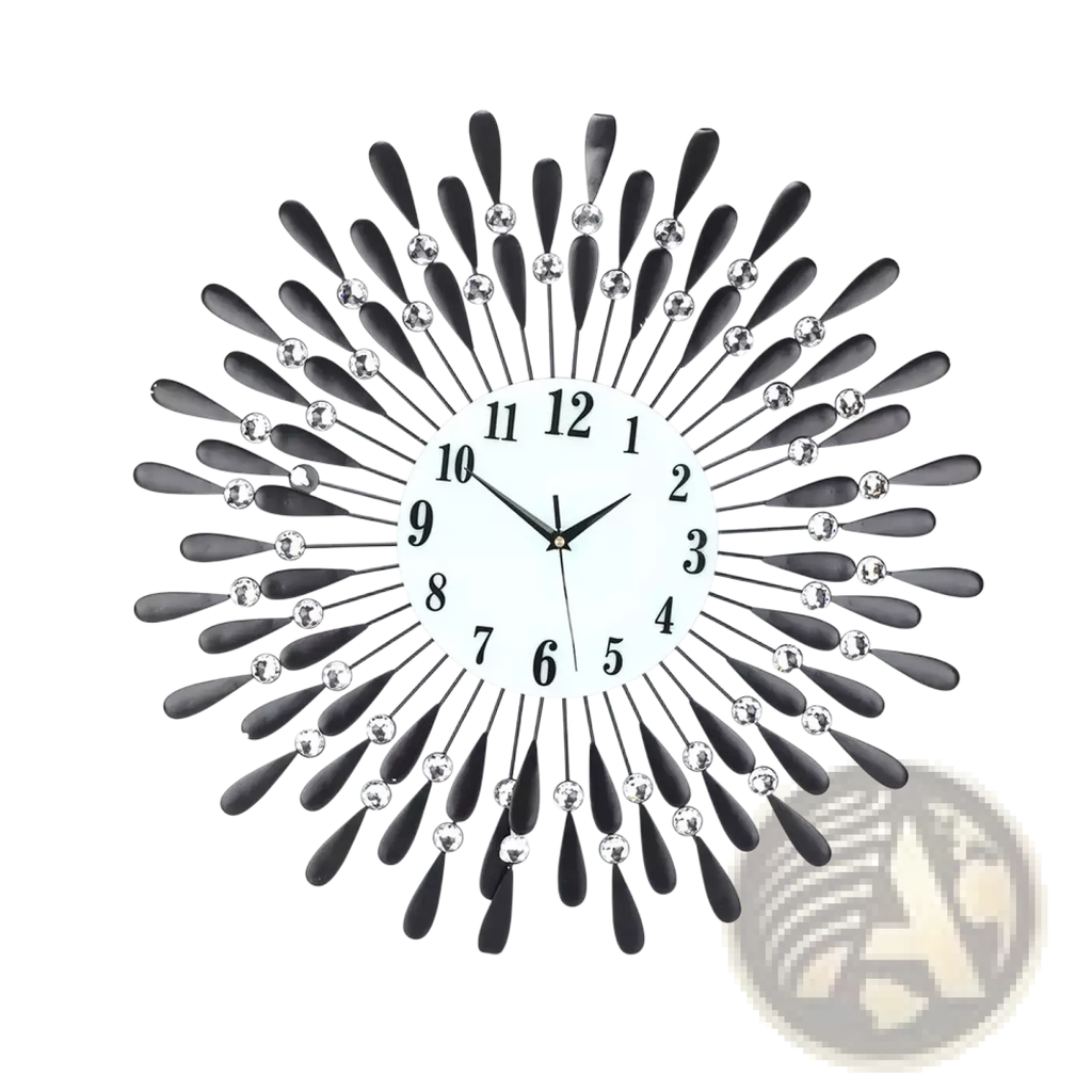Crystal wall clock 38cm silver sunburst with black metallic frame and silver crystal accents for home decor