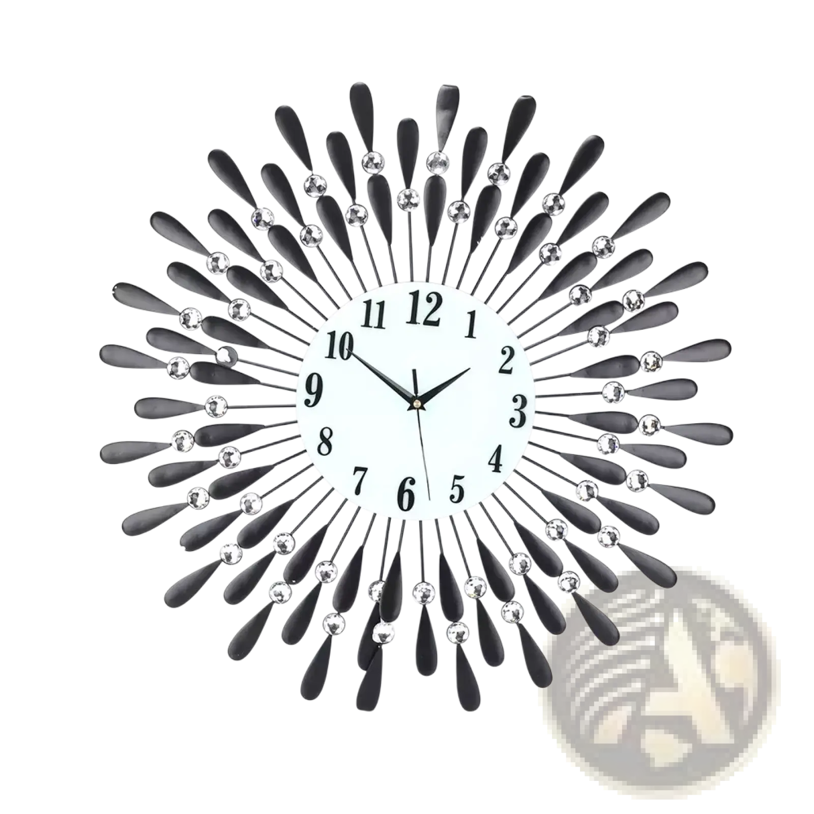 Crystal wall clock 38cm silver sunburst with black metallic frame and silver crystal accents for home decor