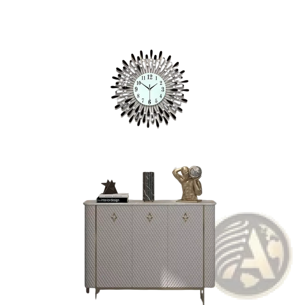 Black sunburst wall clock with white face and crystal accents in silver perfect for elegant home decor