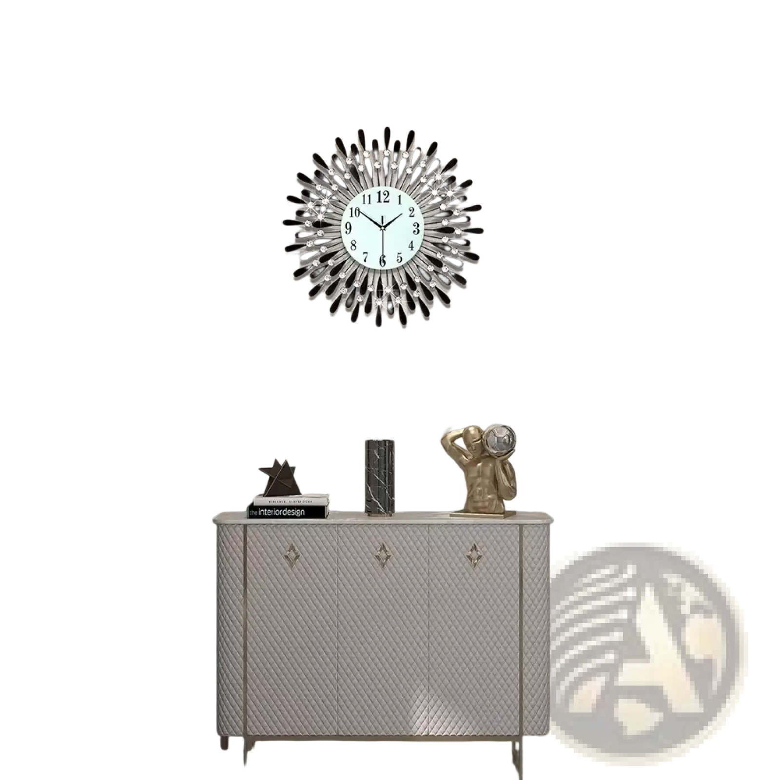 Black sunburst wall clock with white face and crystal accents in silver perfect for elegant home decor