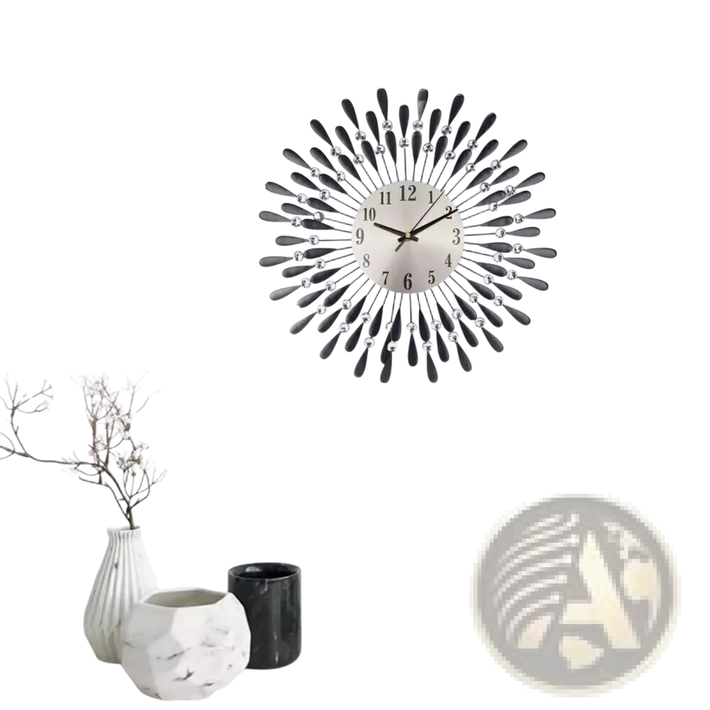 A sleek modern crystal wall clock with black metallic sunburst rays and clear accents for elegant home decor