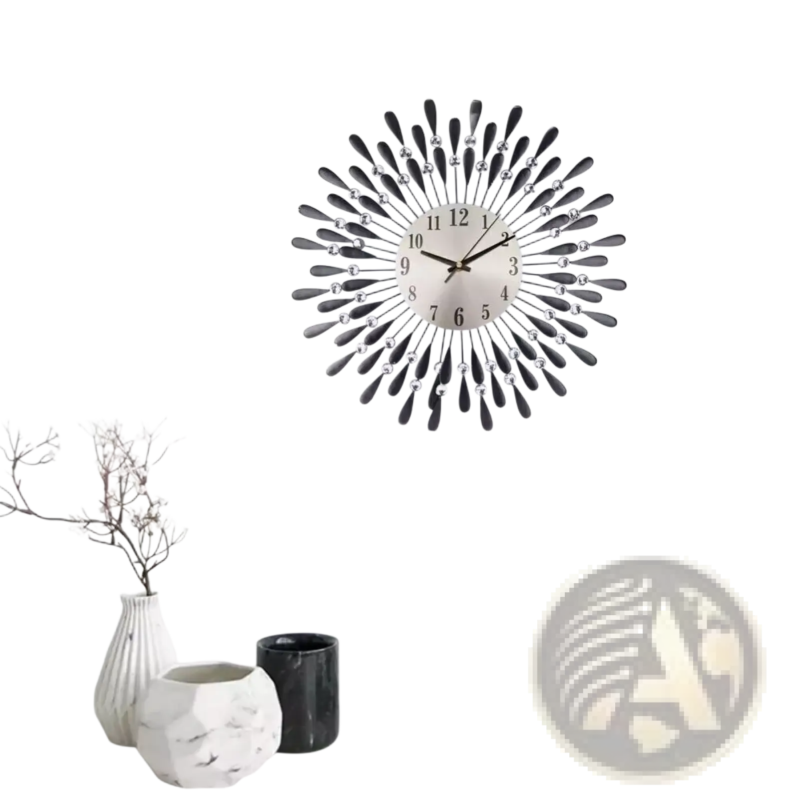 A sleek modern crystal wall clock with black metallic sunburst rays and clear accents for elegant home decor
