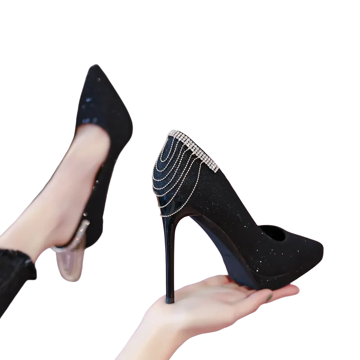 Black glittery satin high-heeled pump with rhinestone and chain embellishment on the back for bridal use