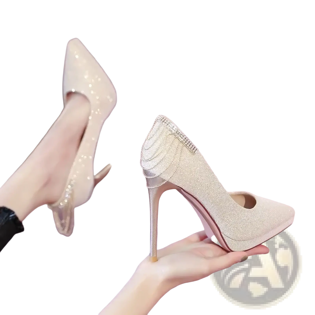 Back view of shimmering champagne crystal wedding shoes platform bridal heels with sparkling rhinestone embellishment