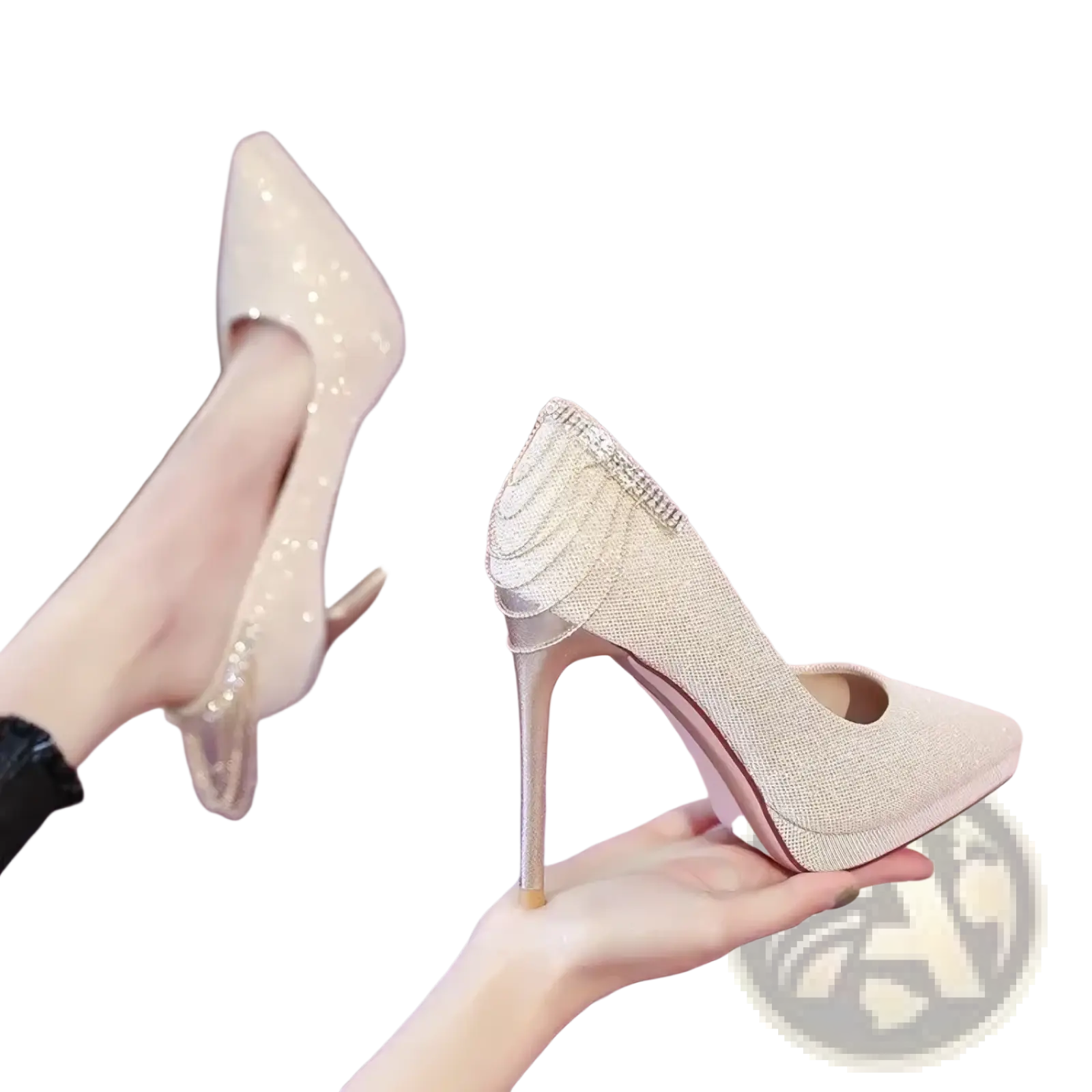 Back view of shimmering champagne crystal wedding shoes platform bridal heels with sparkling rhinestone embellishment