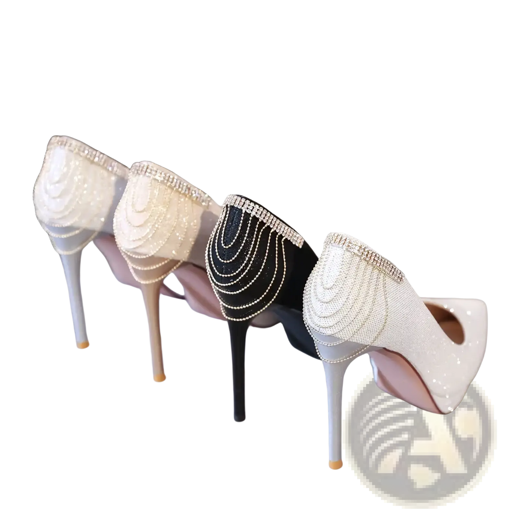 Crystal wedding shoes platform bridal heels showing the back side with sparkling white and black rhinestone detailing