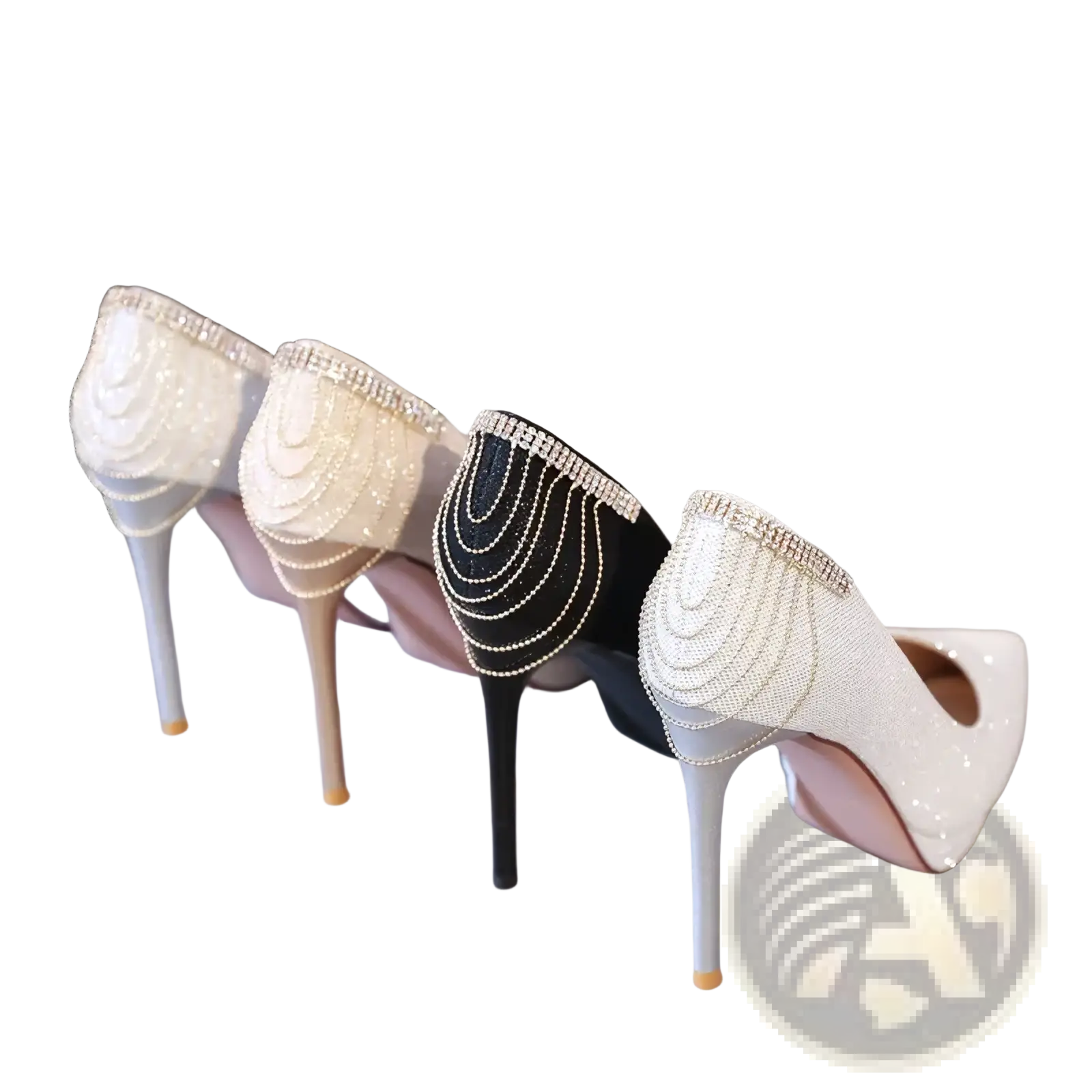 Crystal wedding shoes platform bridal heels showing the back side with sparkling white and black rhinestone detailing