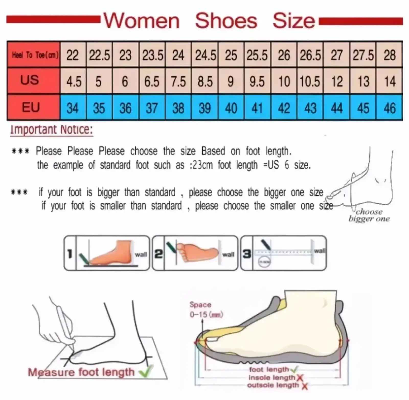 Women’s crystal wedding shoes platform bridal heels size chart with us and eu measurements and foot length diagrams