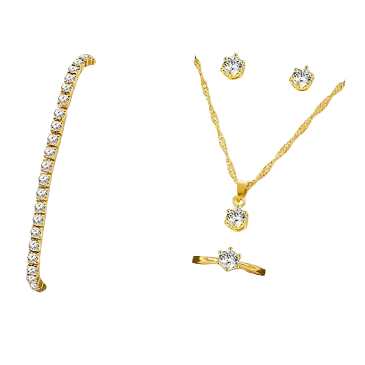 Gold-toned crystal zirconia 5-piece jewelry set with diamond-studded necklace earrings bracelet and ring featuring clear stones