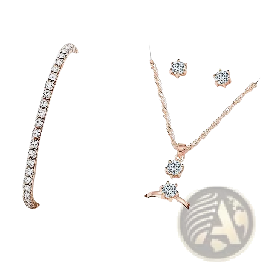 Rose gold-toned crystal zirconia 5-piece jewelry set with diamond-studded bracelet necklace earrings and ring