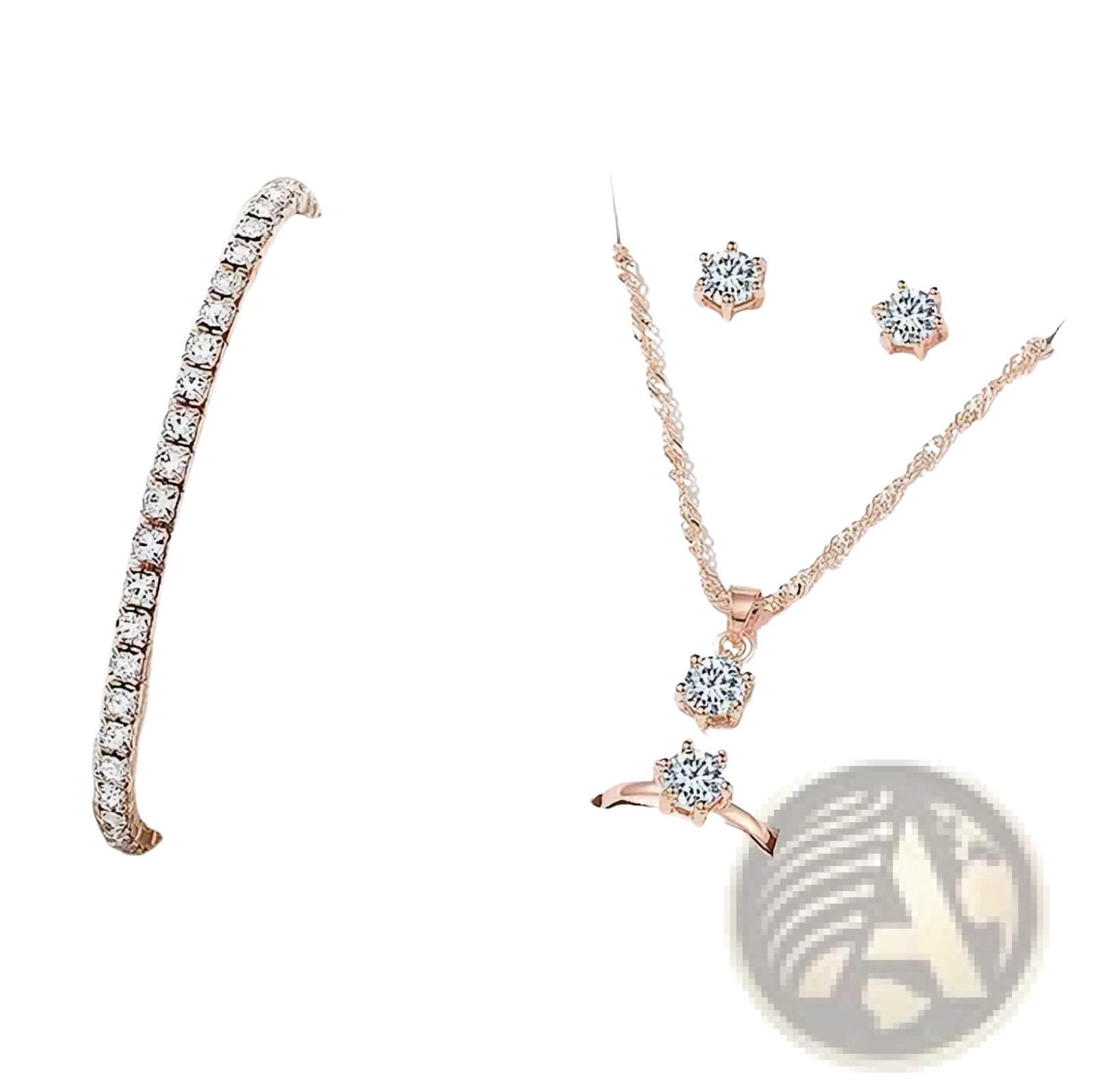 Rose gold-toned crystal zirconia 5-piece jewelry set with diamond-studded bracelet necklace earrings and ring
