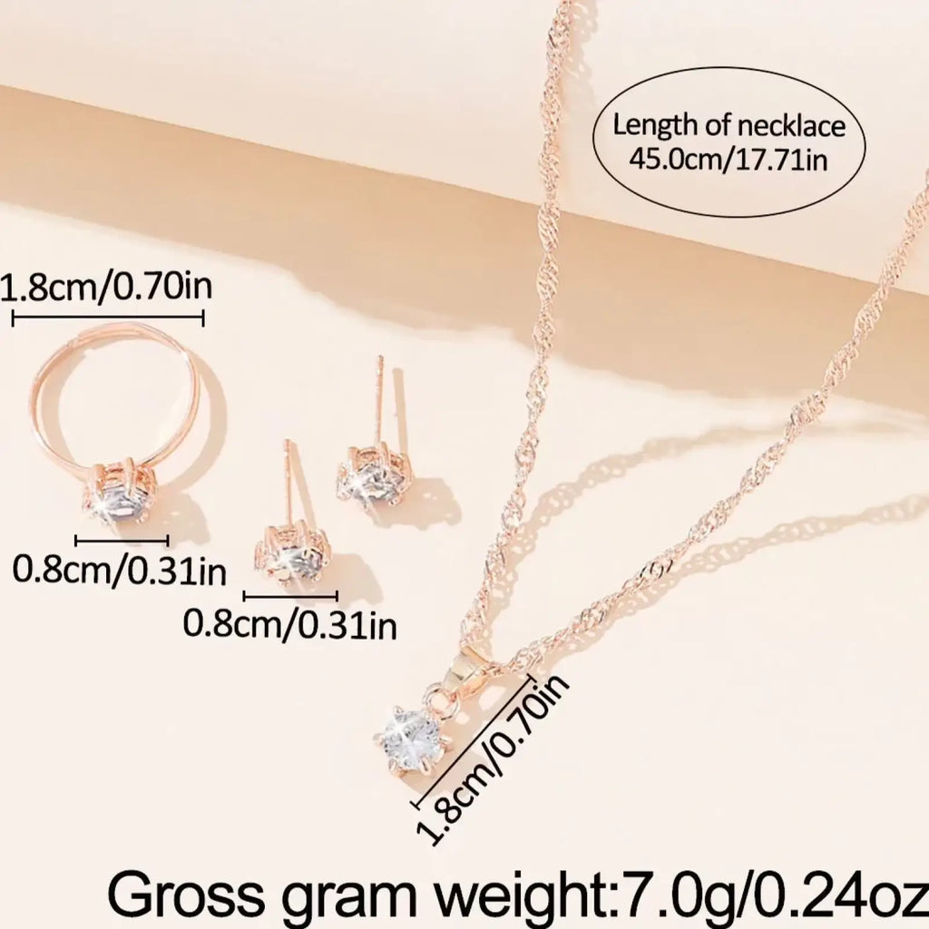 Rose gold-toned twisted chain necklace with a clear faceted crystal pendant from crystal zirconia 5piece jewelry set