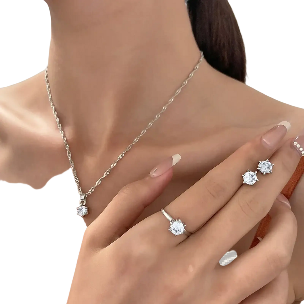 Silver chain necklace with small sparkling crystal zirconia pendant from a 5piece jewelry set