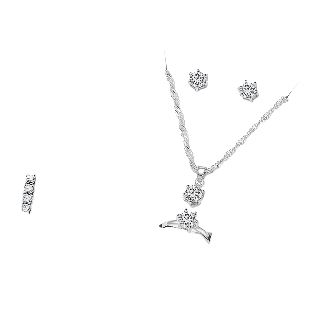 Silver-toned crystal zirconia 5-piece jewelry set with twisted chain necklace flower pendants matching earrings bracelet