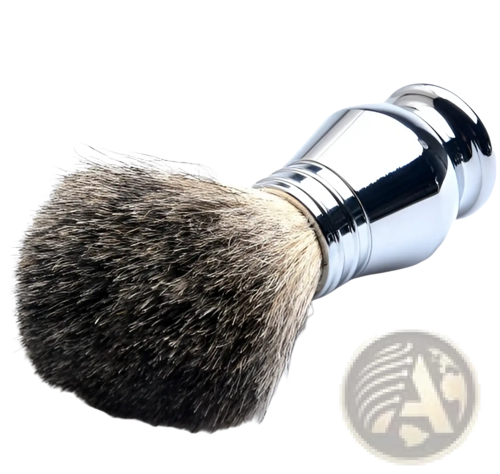 Shaving brush with dense dark brown and gray bristles and polished chrome handle in csb double edge safety razor set