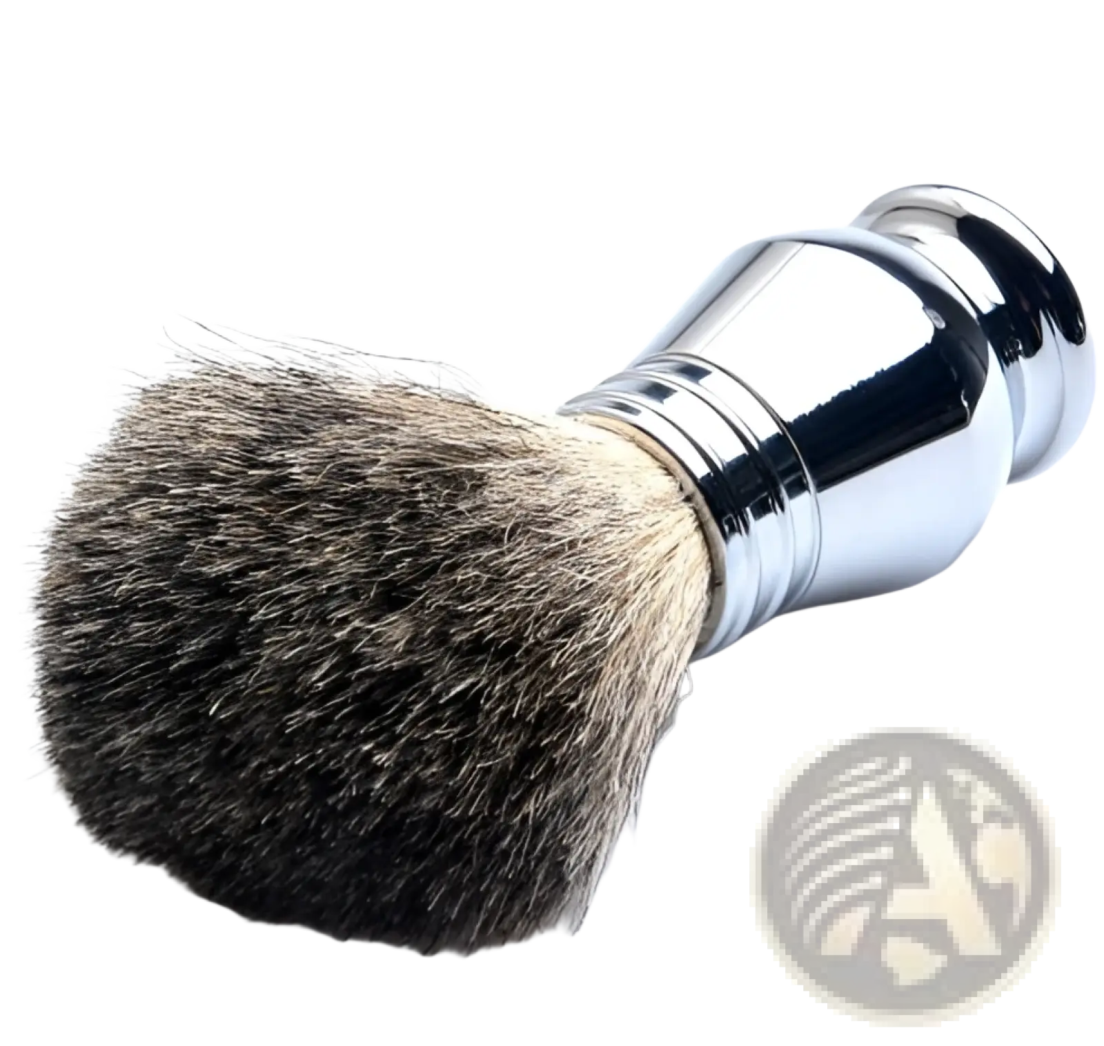 Shaving brush with dense dark brown and gray bristles and polished chrome handle in csb double edge safety razor set