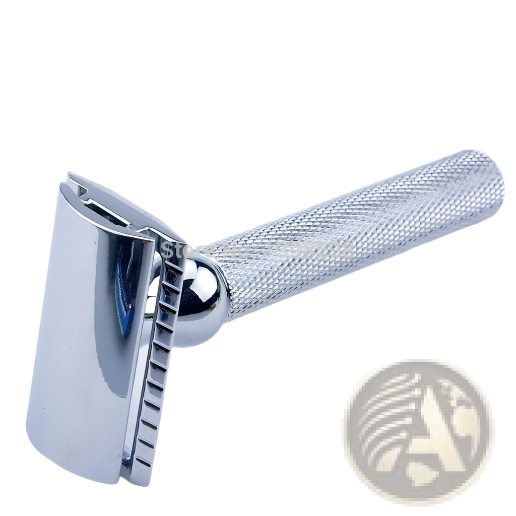 Csb double edge safety razor in chrome finish with textured diamond-patterned handle and classic sleek design