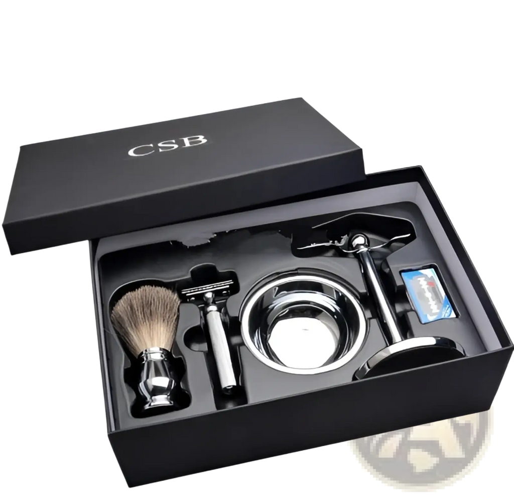 Black csb double edge safety razor shaving set with silver razor, chrome brush, natural bristles, and stainless steel bowl