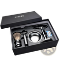 Black csb double edge safety razor shaving set with silver razor, chrome brush, natural bristles, and stainless steel bowl