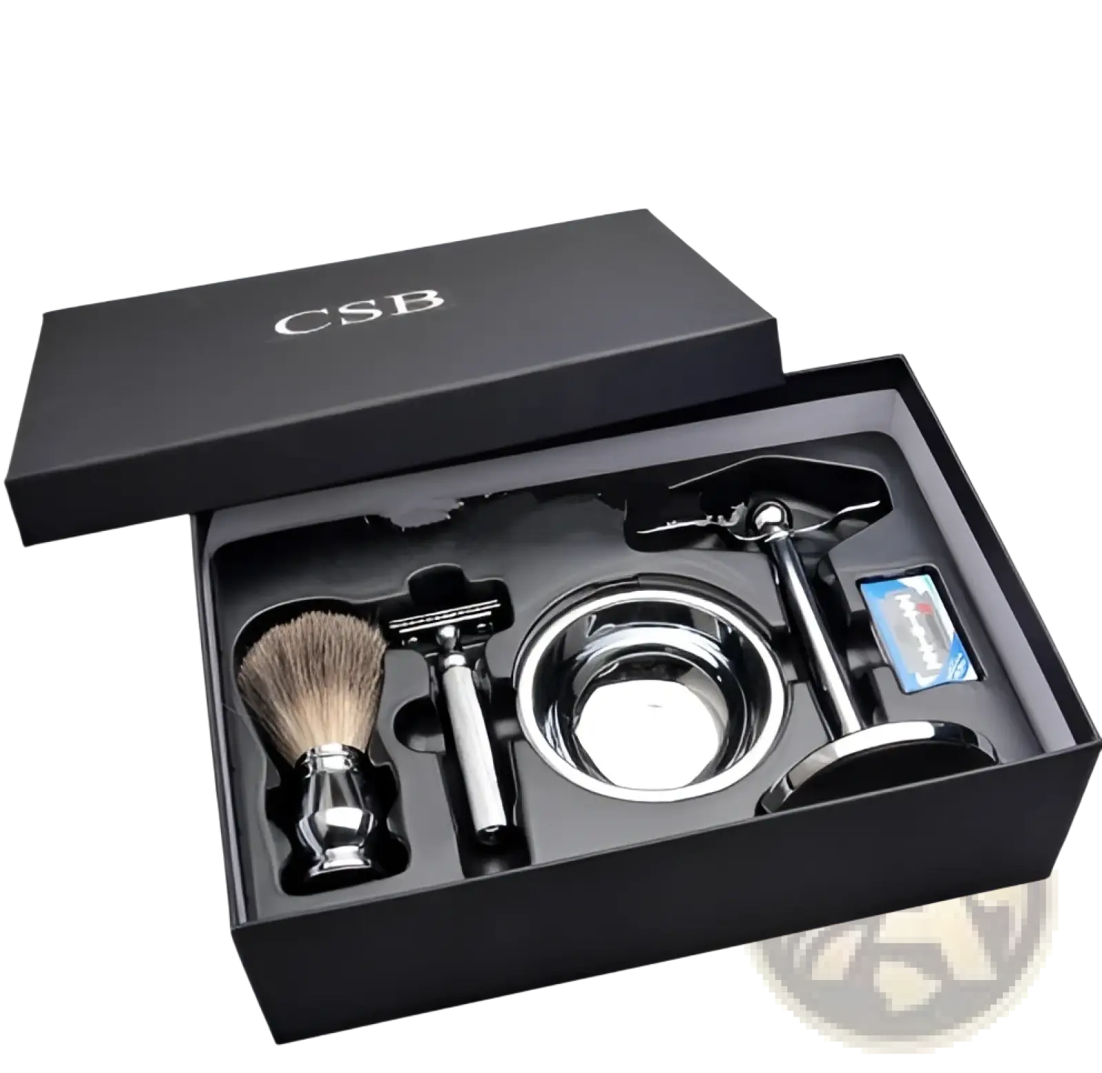 Black csb double edge safety razor shaving set with silver razor, chrome brush, natural bristles, and stainless steel bowl