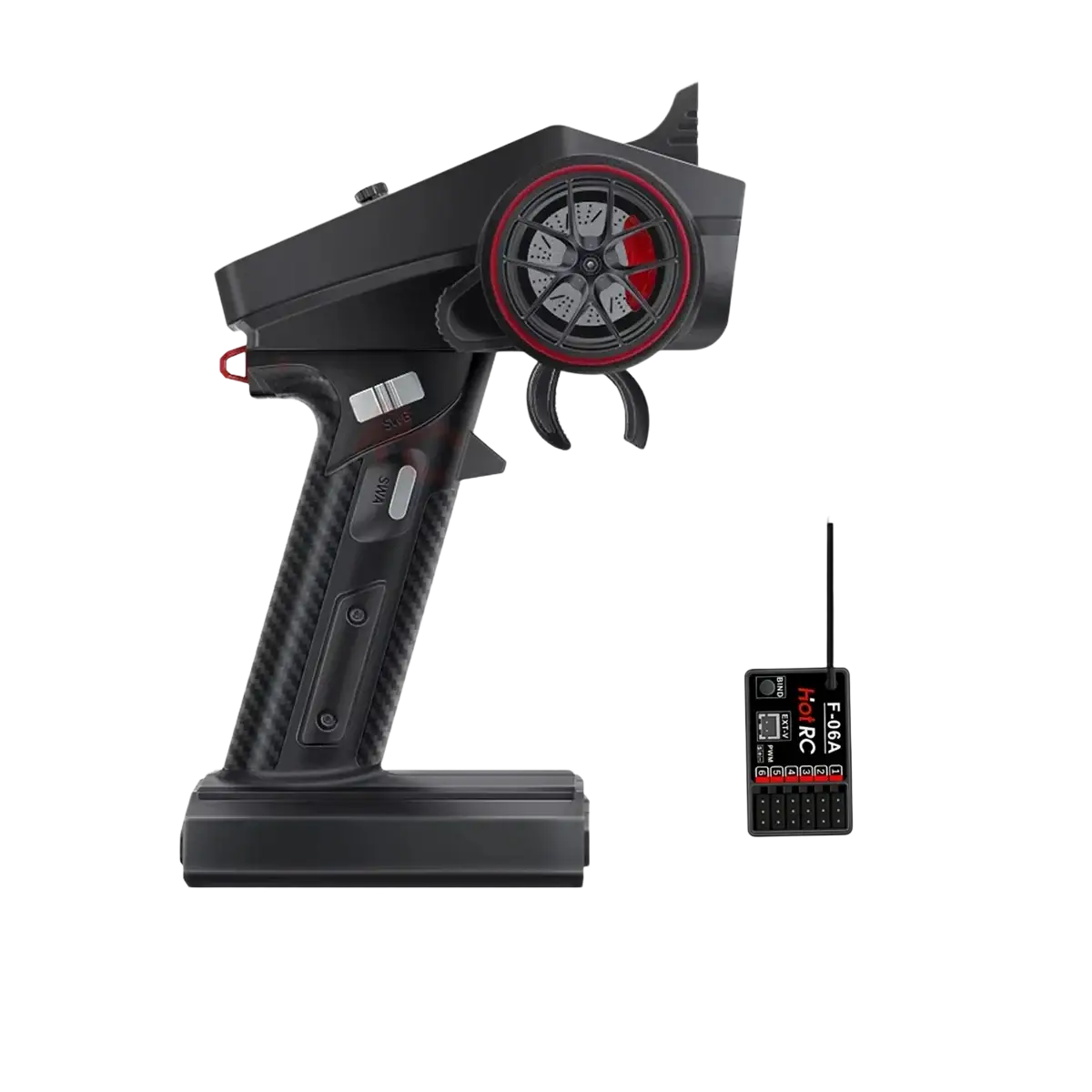Black ct-6a remote control for car boat with carbon fiber texture and red-accented steering wheel design and f-06a receiver