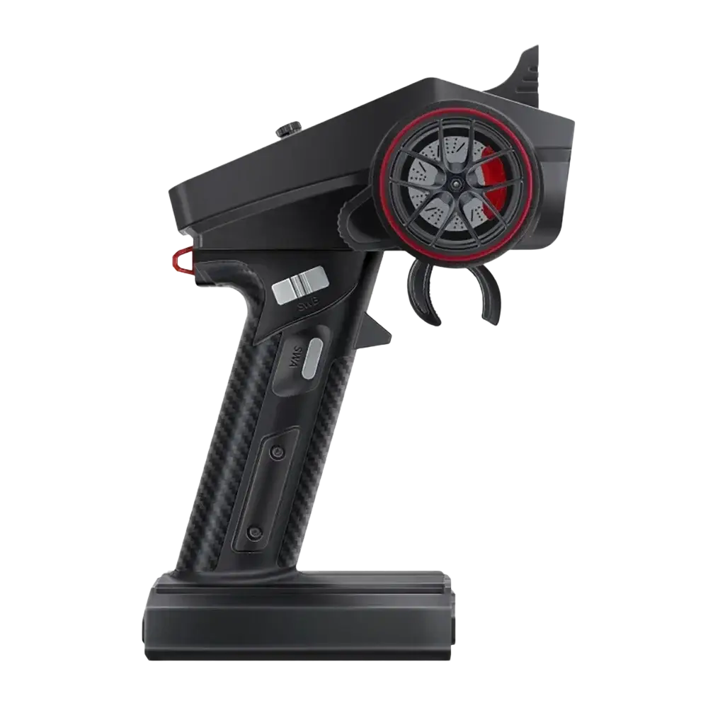 Ct-6a remote control for car boat with black carbon fiber texture and red-accented steering wheel design