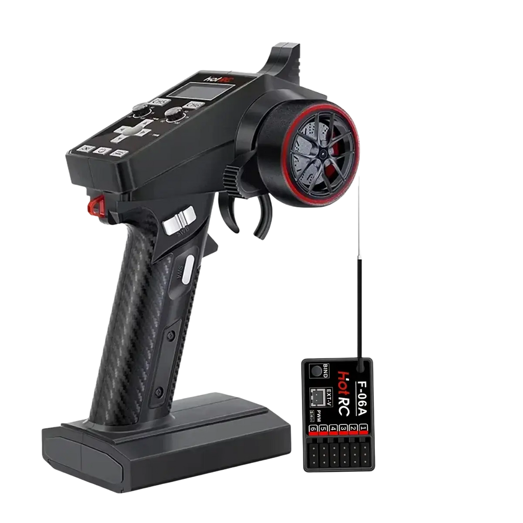 Black carbon fiber textured ct-6a remote control with red throttle grip and matching receiver unit for car boat use