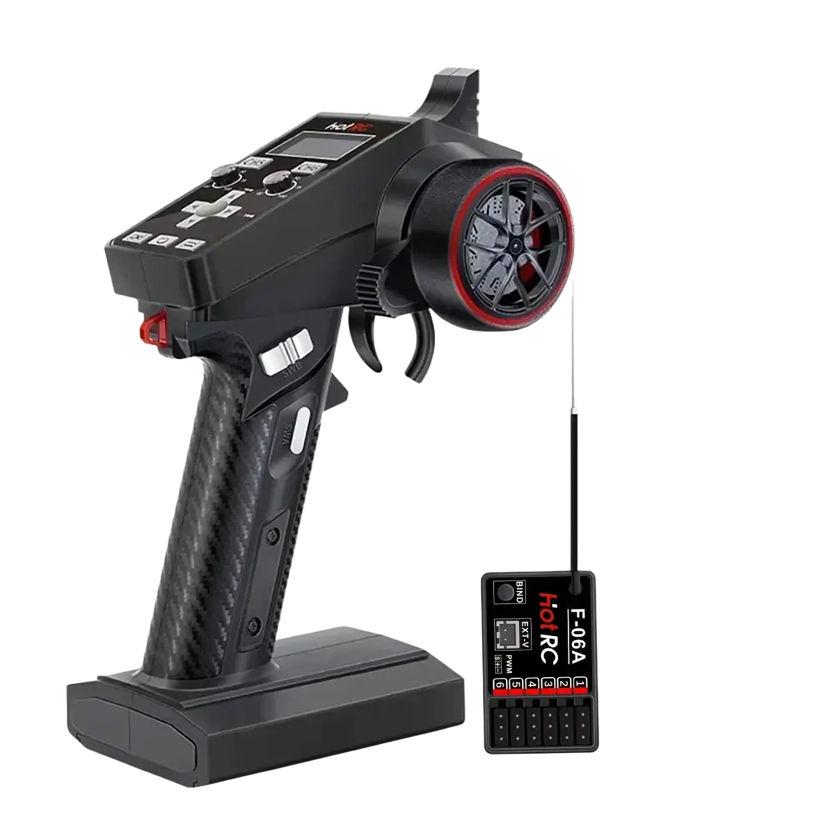 Black carbon fiber textured ct-6a remote control with red throttle grip and matching receiver unit for car boat use