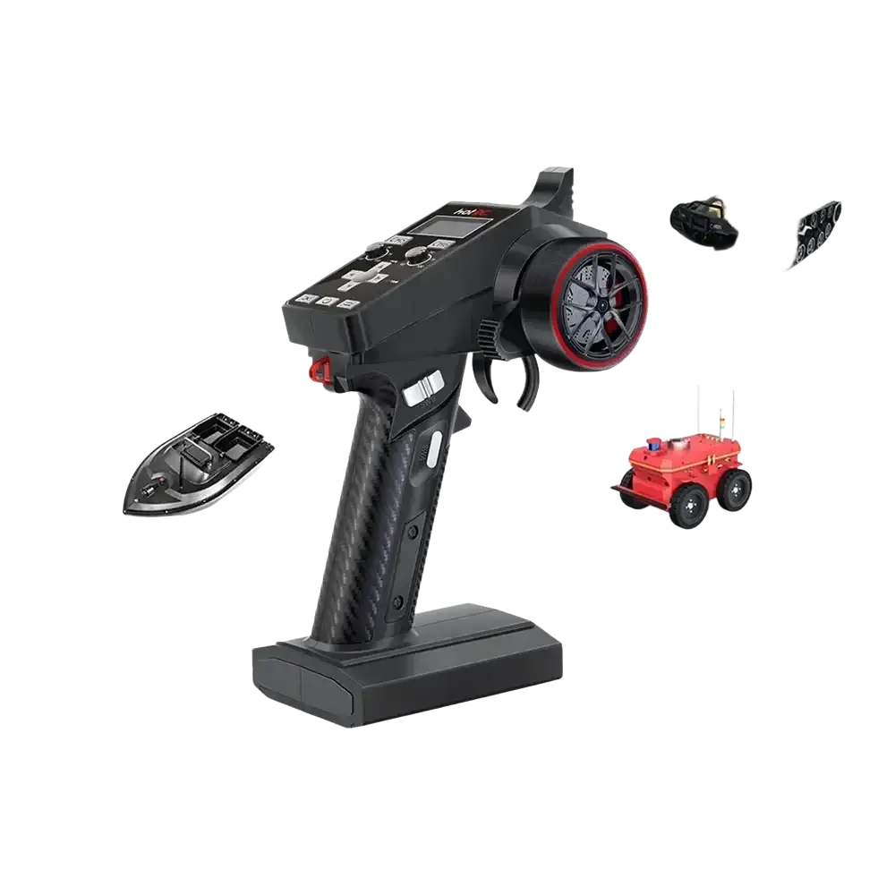 Black CT-6a remote control transmitter for car boat with carbon fiber grip and red-accented steering wheel