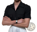 Black Cuban collar short sleeve shirt for men with two front pockets and textured fabric