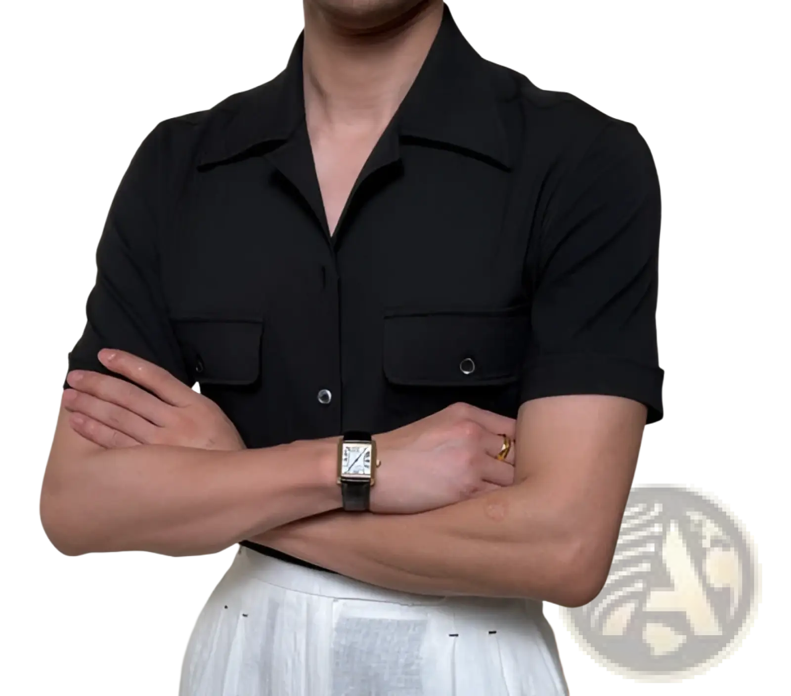 Black Cuban collar short sleeve shirt for men with two front pockets and textured fabric
