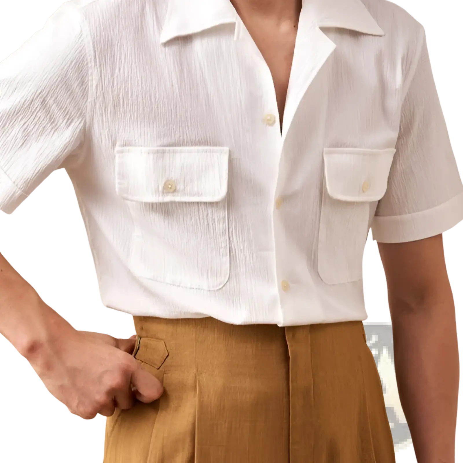 White textured short sleeve button up shirt for men with two front pockets and a navy Cuban collar design