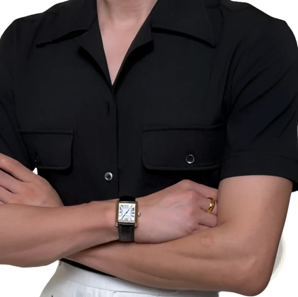 Black textured short sleeve shirt for men with Cuban collar and two chest pockets in a casual style