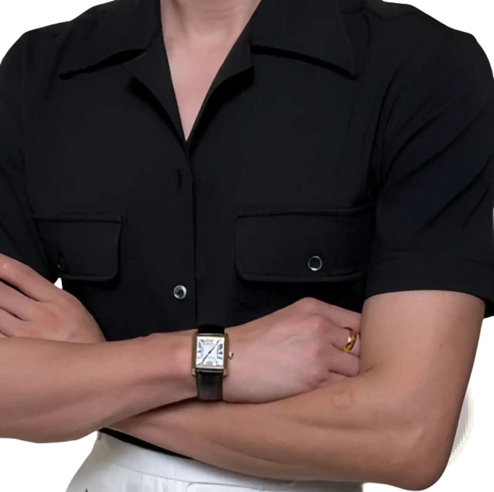 Black textured short sleeve shirt for men with Cuban collar and two chest pockets in a casual style