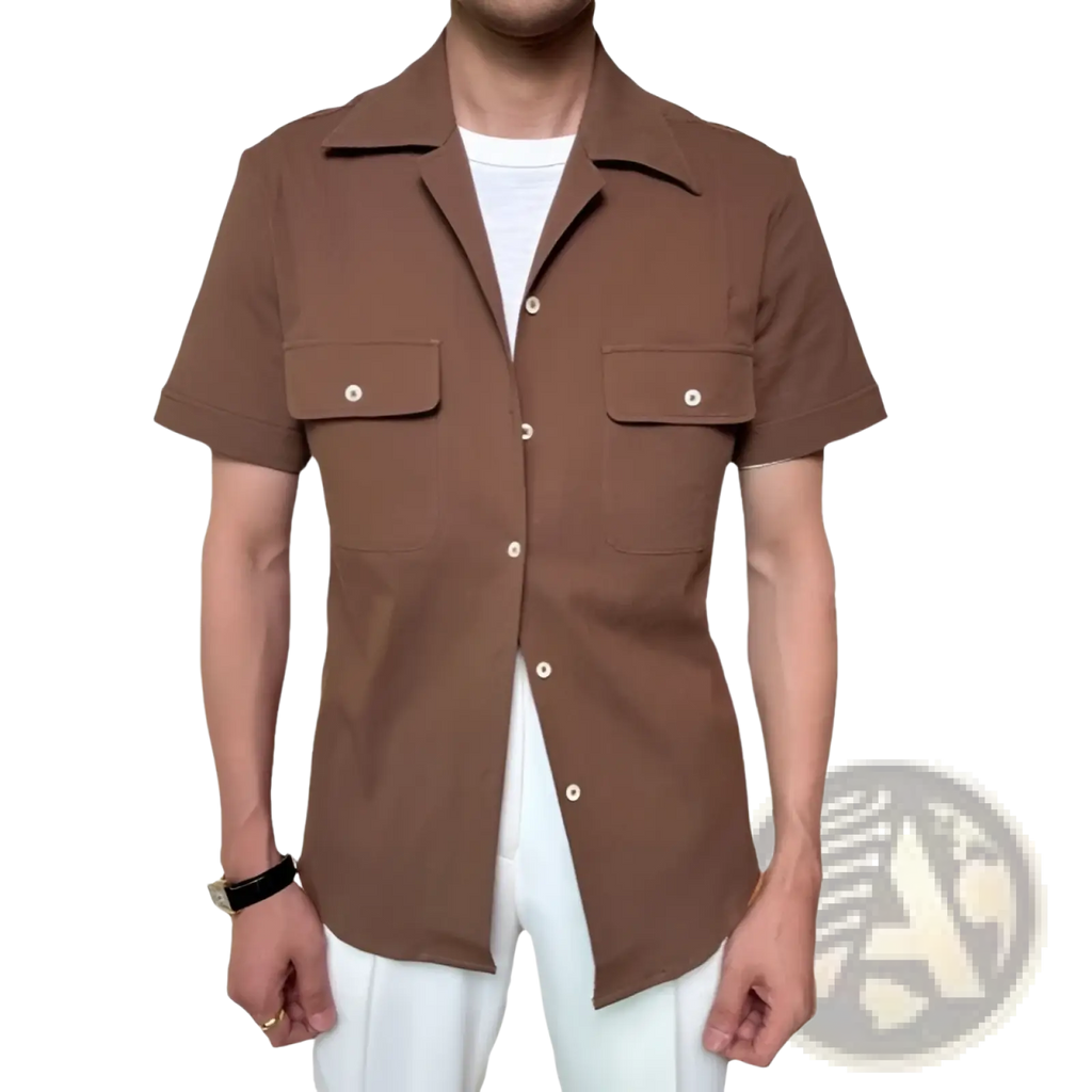 Brown short-sleeved button-up shirt for men with two chest pockets and white buttons in textured navy fabric
