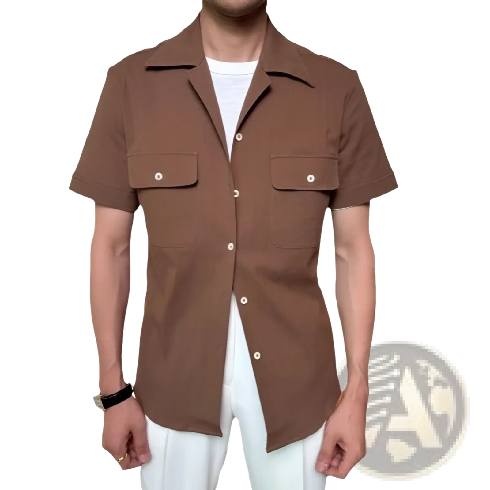 Brown short-sleeved button-up shirt for men with two chest pockets and white buttons in textured navy fabric