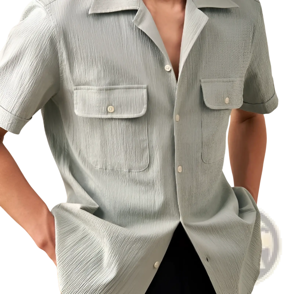 Light green textured short sleeve button up shirt for men with two chest pockets and a Cuban collar style