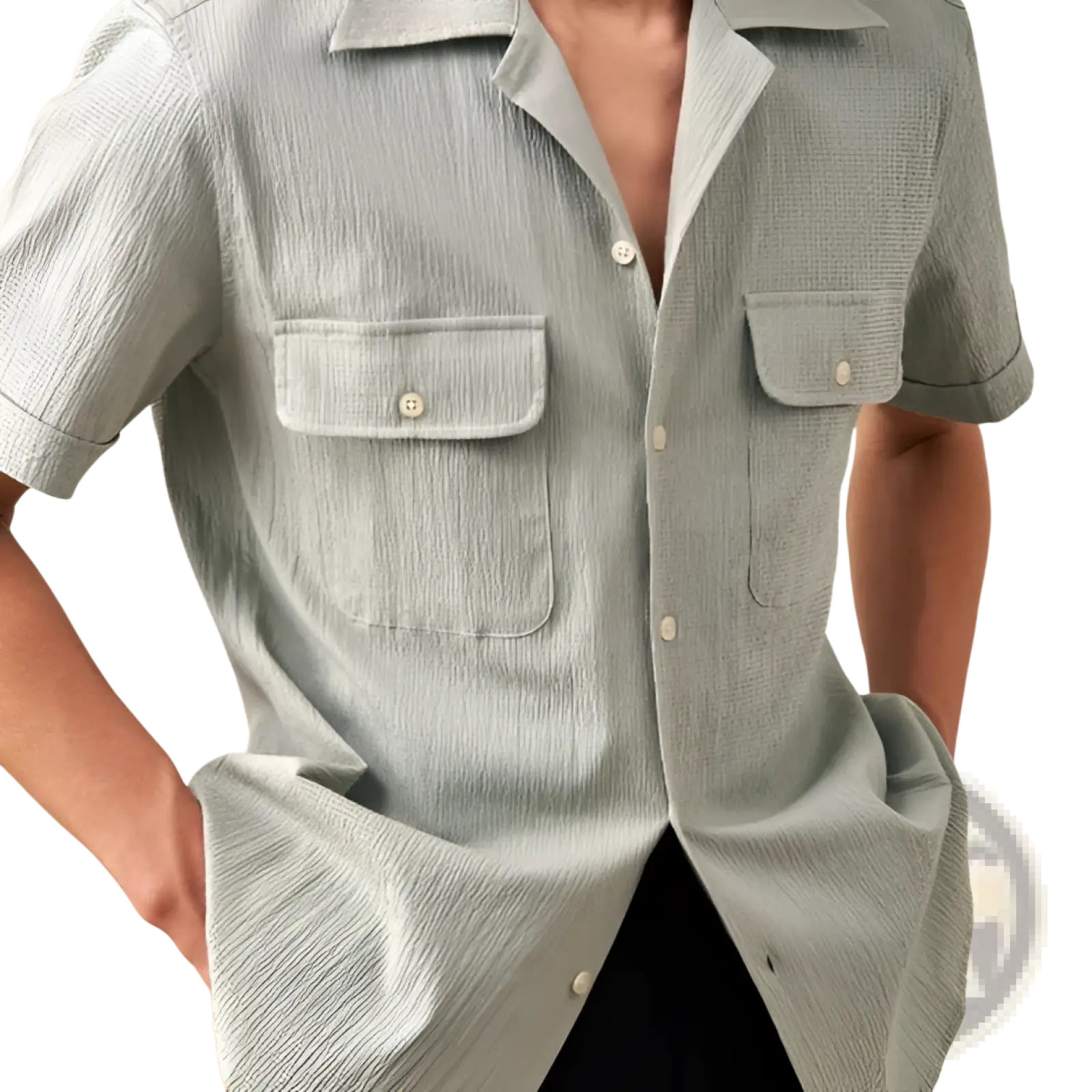 Light green textured short sleeve button up shirt for men with two chest pockets and a Cuban collar style
