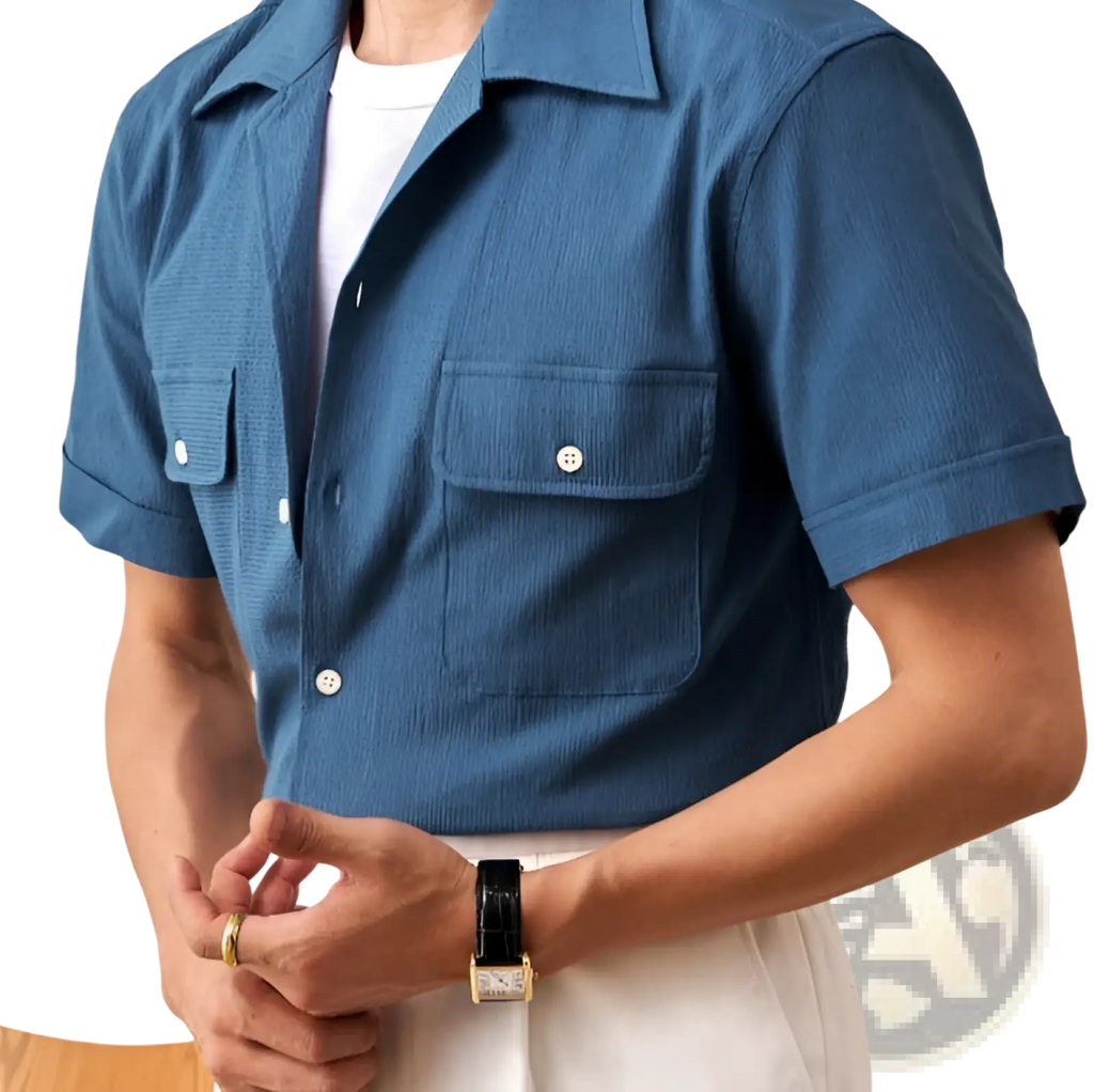 Navy blue Cuban collar short sleeve shirt for men with textured fabric and two chest pockets