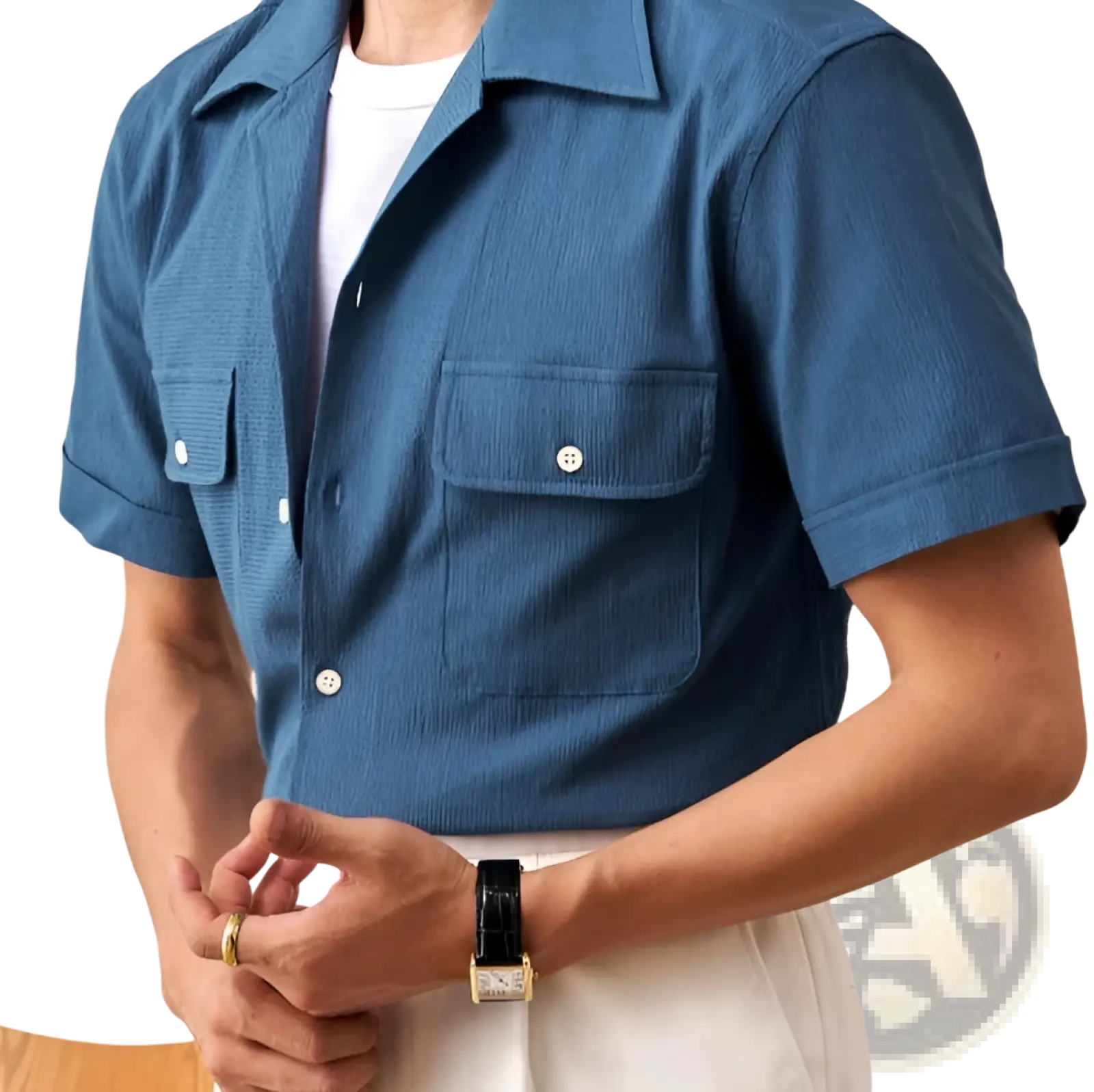 Navy blue Cuban collar short sleeve shirt for men with textured fabric and two chest pockets